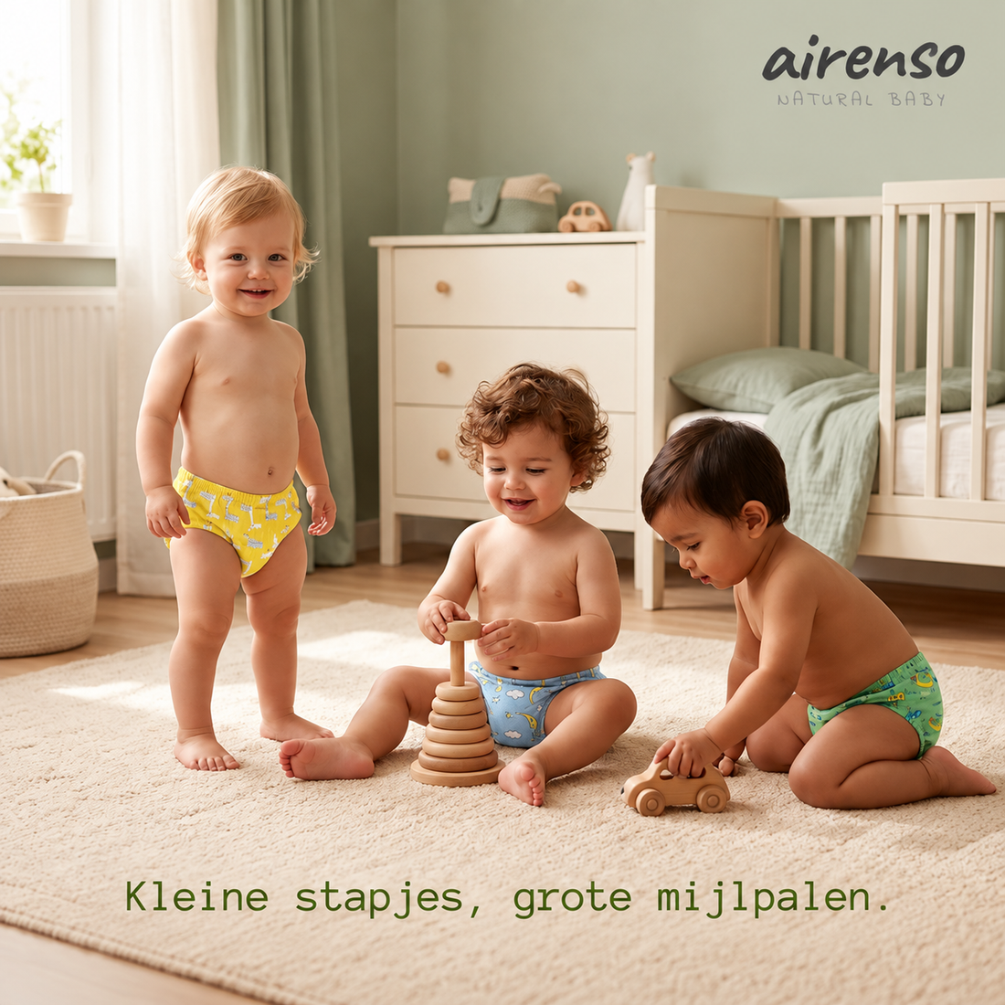 Drie peuters in airenso trainingsbroekjes spelen op een vloerkleed in de kinderkamer