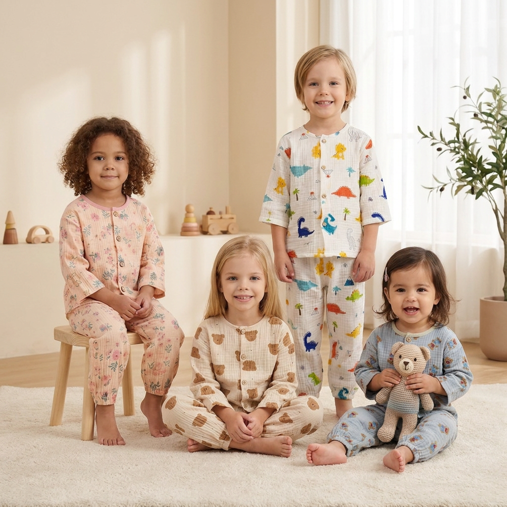 Vier kinderen in katoenen airenso pyjama's met dino-, beertjes- en bloemenprint