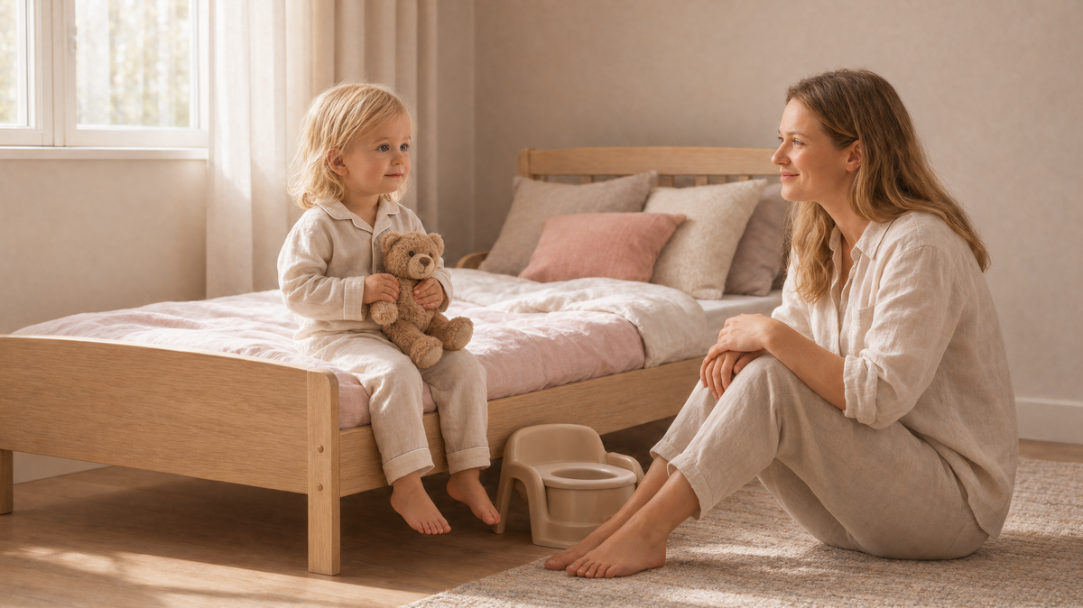 kind zit op het bed naast het potje