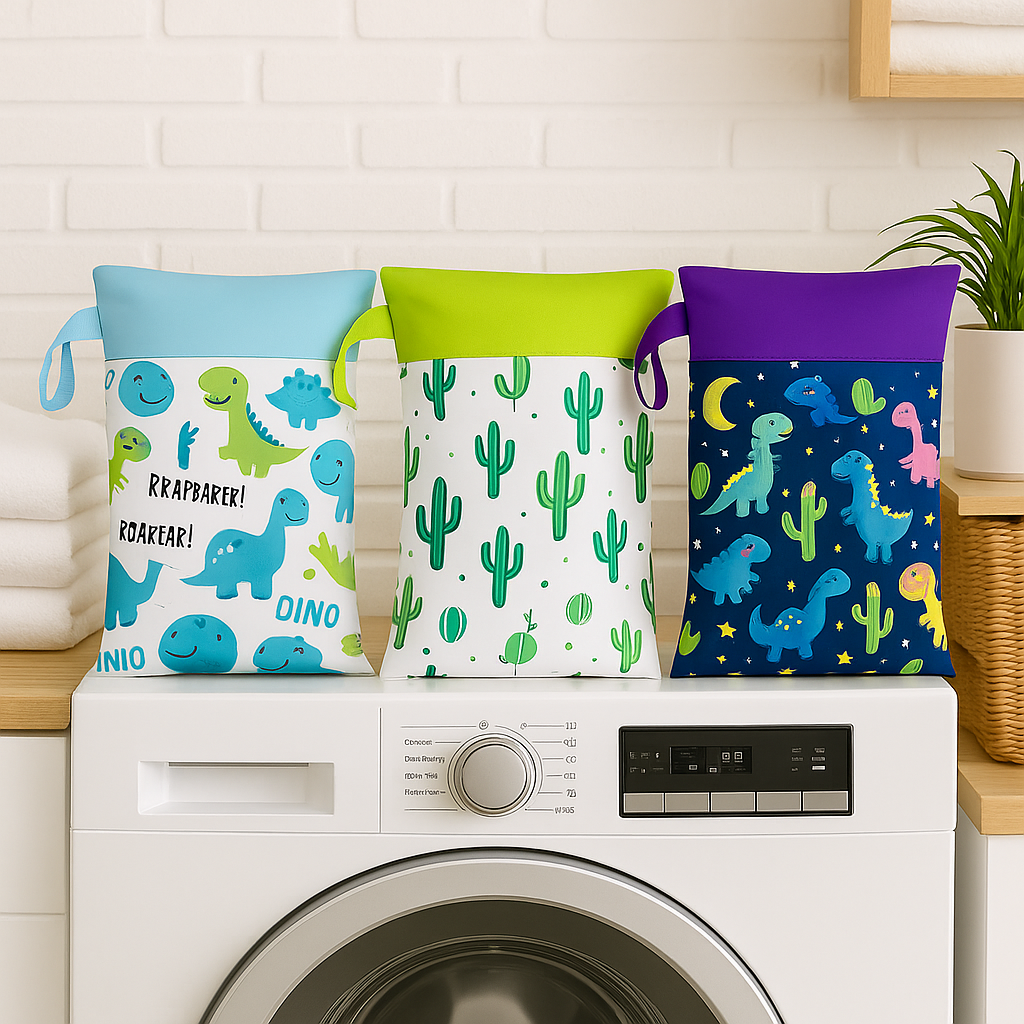 Tre wet bag airenso con stampa dinosauri, cactus e spazio