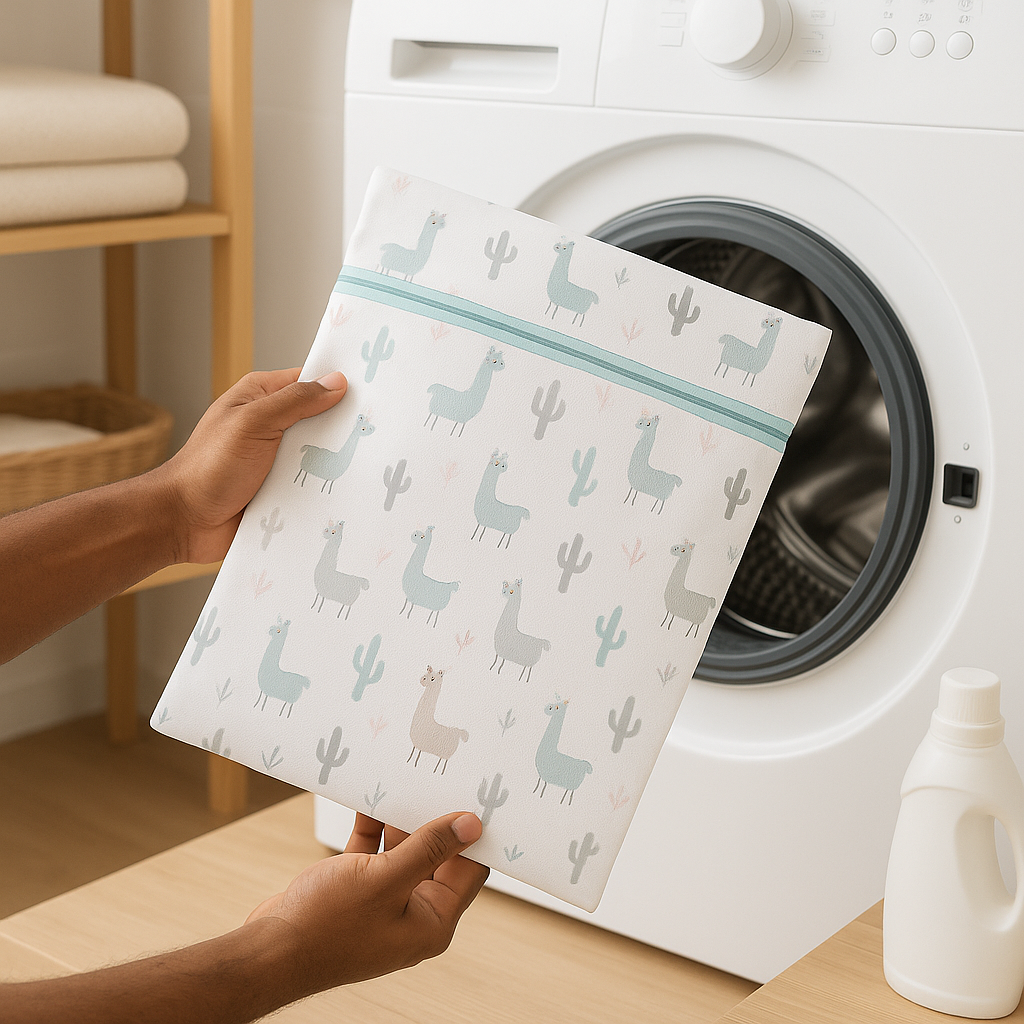 Sacchetto per il bucato con stampa lama accanto alla lavatrice
