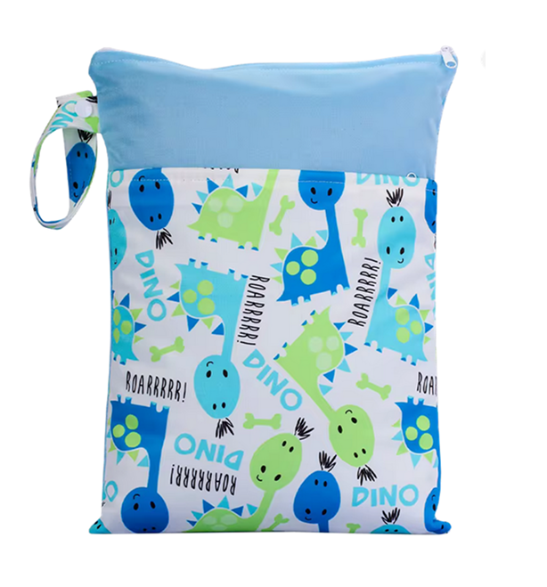 Wet bag airenso con stampa dinosauri e parte superiore azzurra