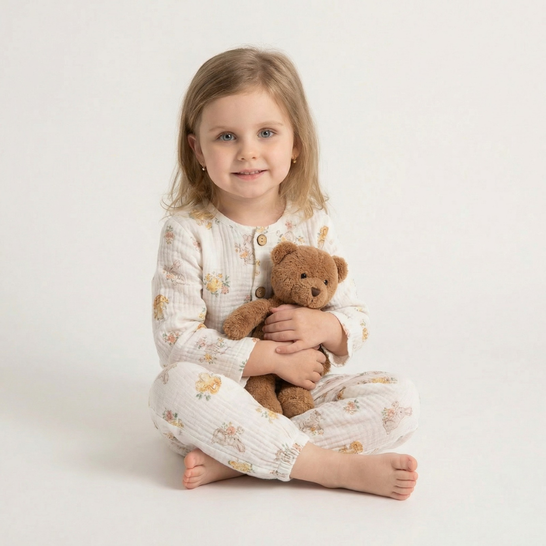 Lentehaasje kinderpyjama met konijntjes en bloemen – airenso