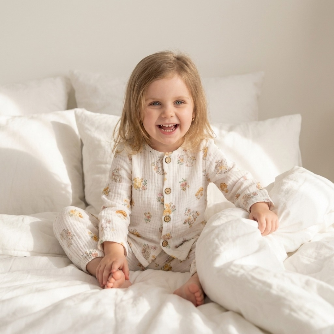 Lentehaasje kinderpyjama met konijntjes en bloemen – airenso
