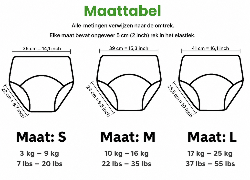 Tabella taglie mutandine di apprendimento airenso: S 3-9 kg, M 10-16 kg, L 17-25 kg