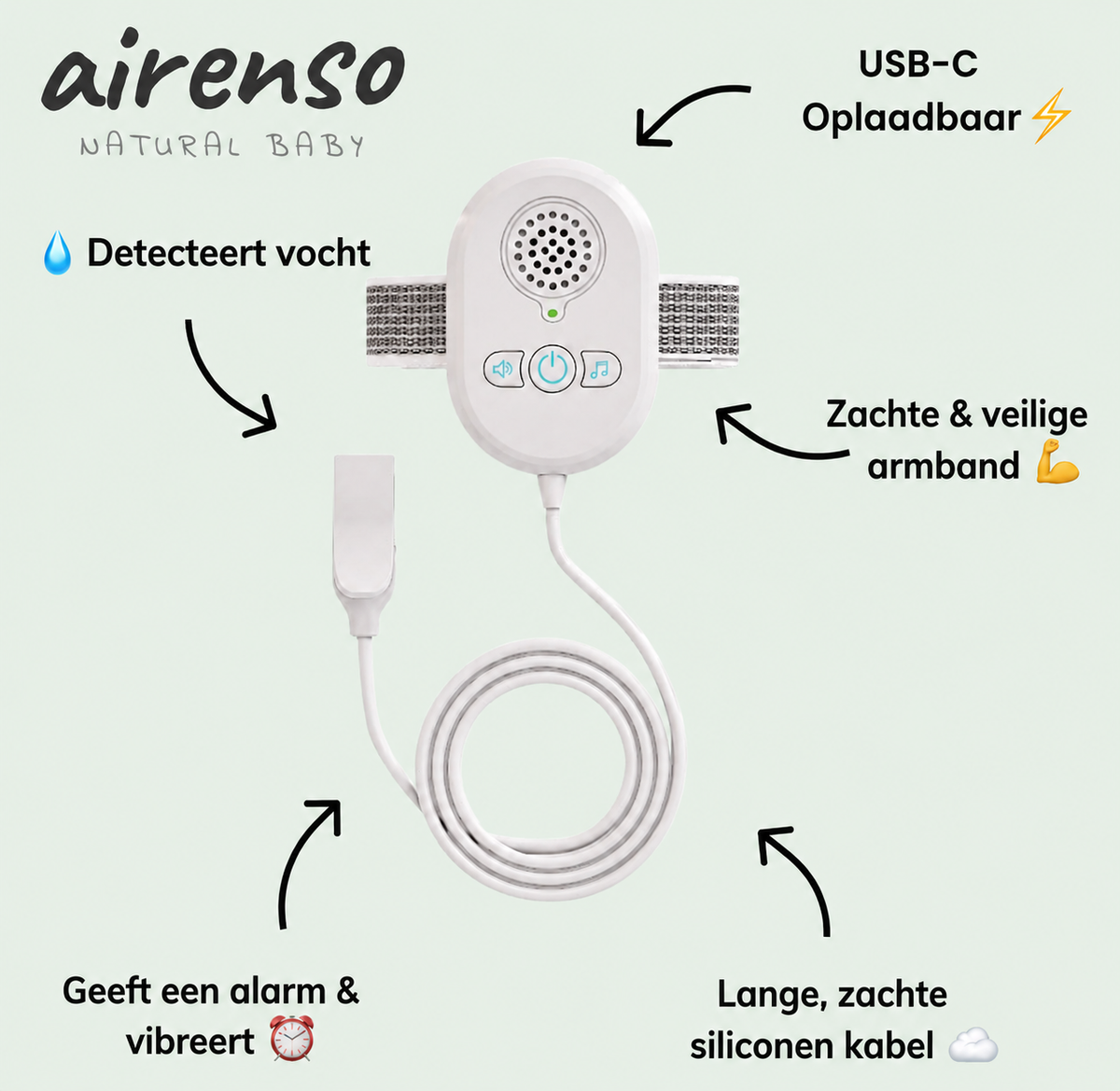 Allarme pipì airenso con sensore di umidità, braccialetto e cavo in silicone