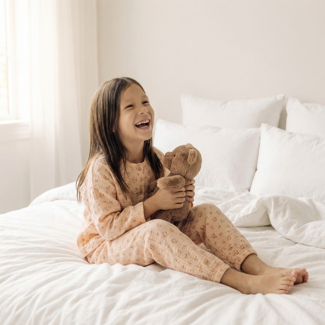 Rozentuin kinderpyjama in perzik met bloemetjesprint – airenso