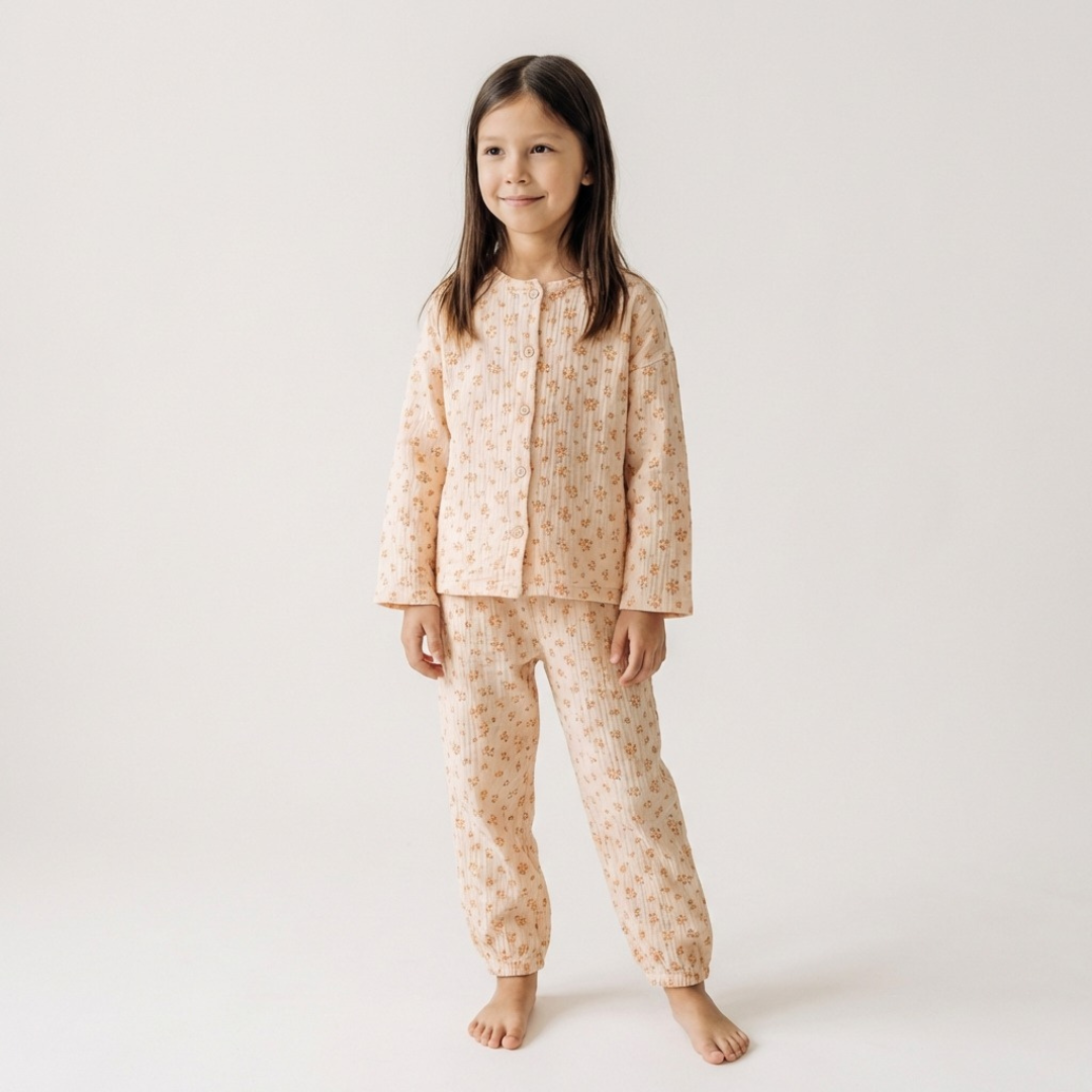 Rozentuin kinderpyjama in perzik met bloemetjesprint – airenso