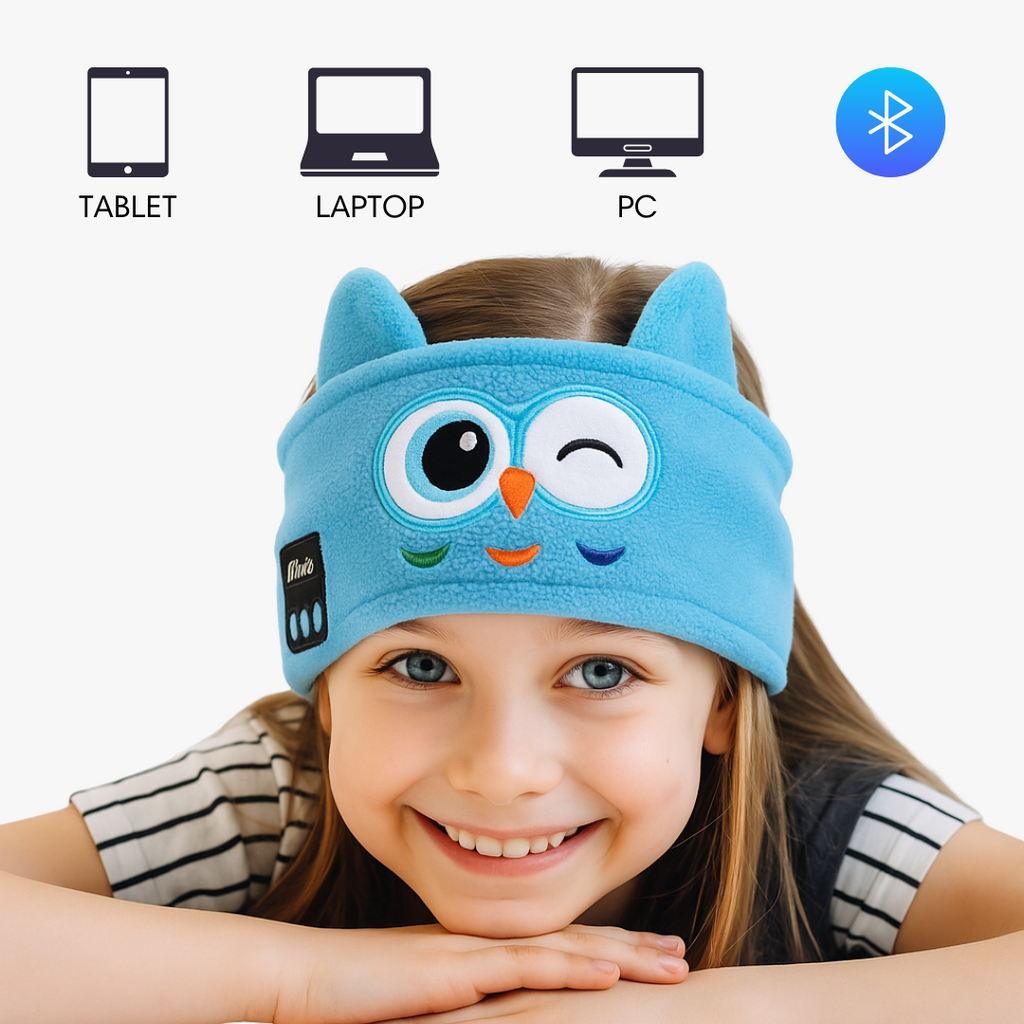 Bambina con la mascherina bluetooth gufo blu, compatibile con tablet, laptop e pc