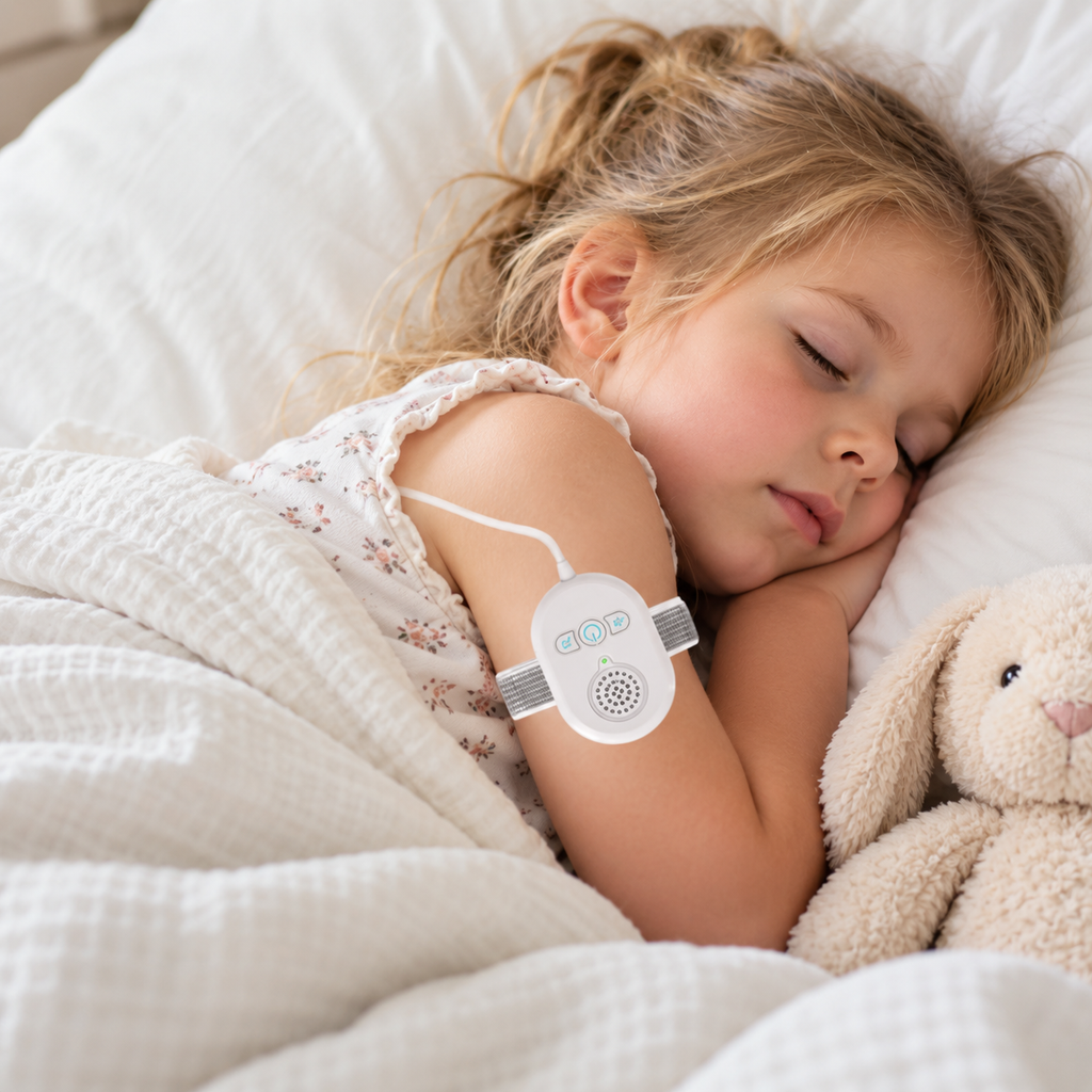 Bambina che dorme con l'allarme pipì airenso al braccio