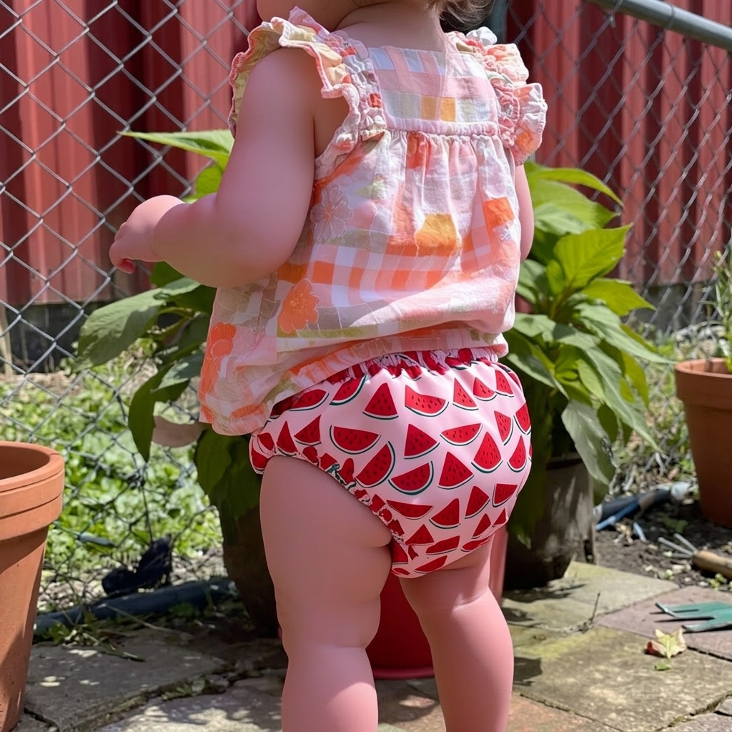 Bambino in giardino con mutandine di apprendimento airenso con stampa anguria