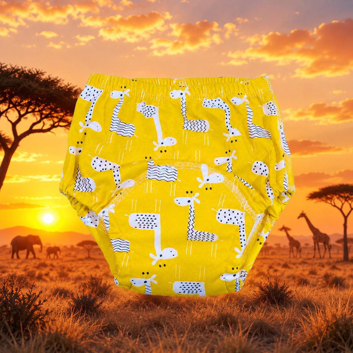 Mutandine di apprendimento airenso gialle con giraffe nella savana al tramonto