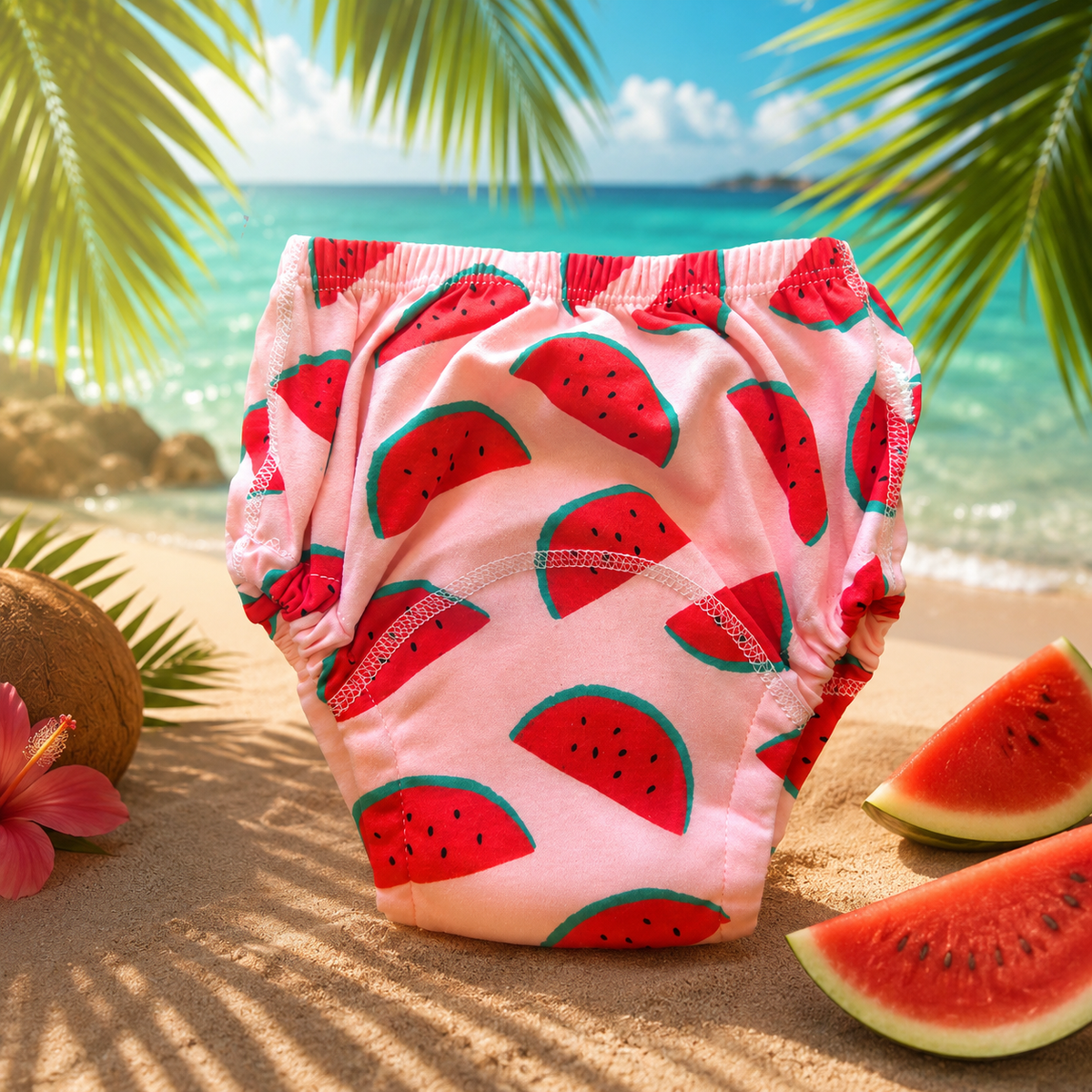 Mutandine di apprendimento airenso rosa con fette di anguria sulla spiaggia