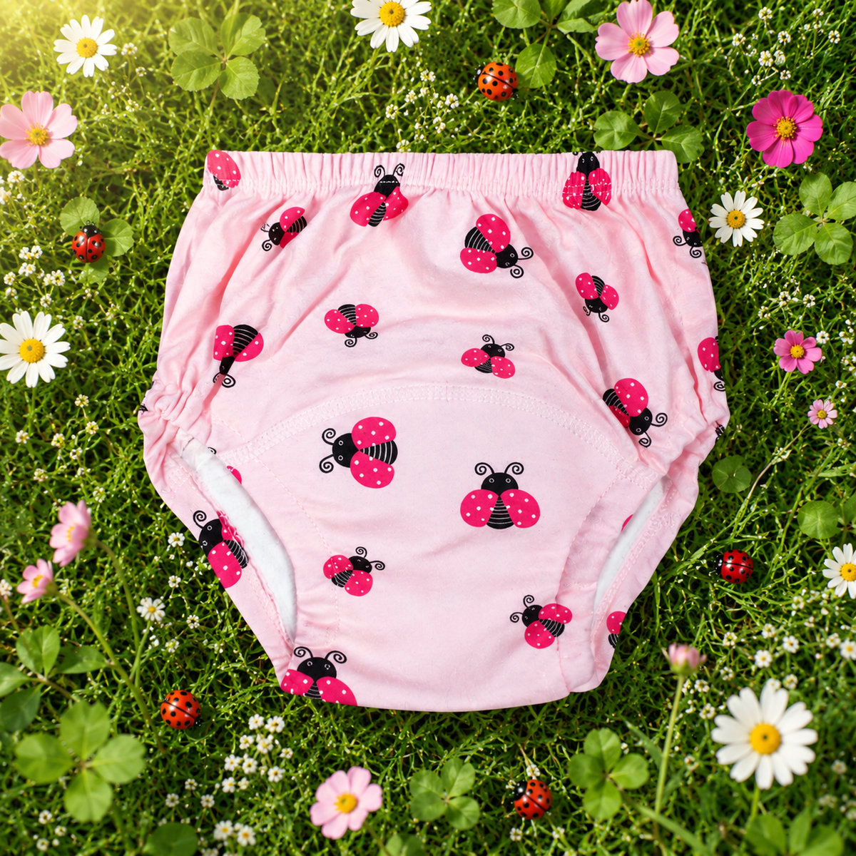 Mutandine di apprendimento airenso rosa con coccinelle tra erba e fiori