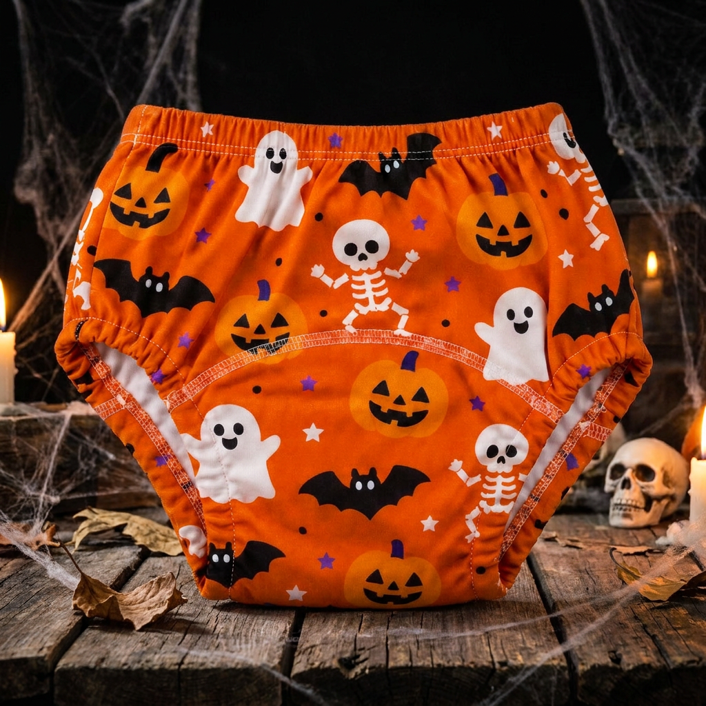 Mutandine di apprendimento airenso arancioni con zucche, fantasmini, pipistrelli e scheletrini in uno scenario di Halloween