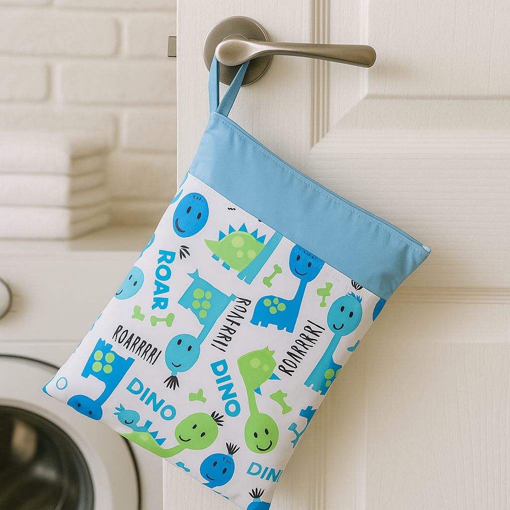 Wet bag airenso con stampa dinosauri appesa a una maniglia